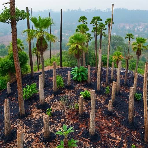 Deforestazione in Amazzonia, con alberi abbattuti e terreni bruciati