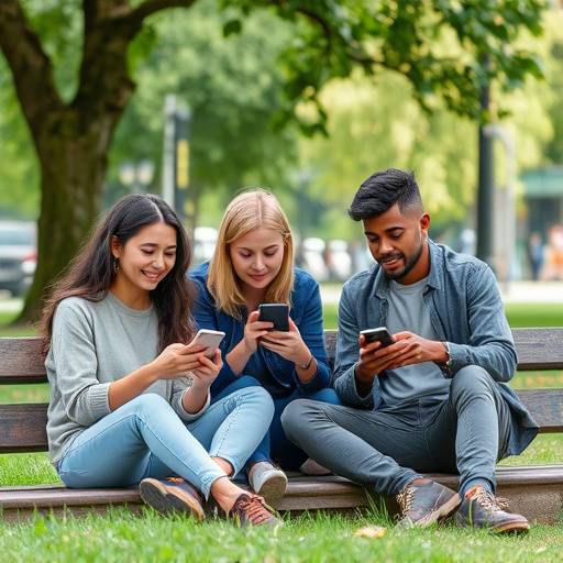 Giovani che utilizzano dispositivi mobili in un parco a Milano, riflettendo le tendenze giovanili.