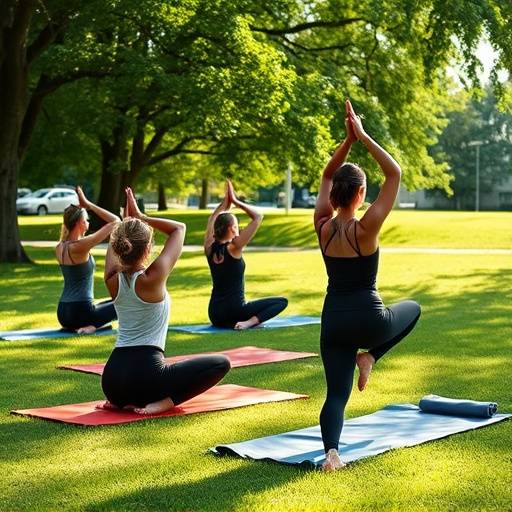 Persone che partecipano a una lezione di yoga all'aperto in un parco cittadino.