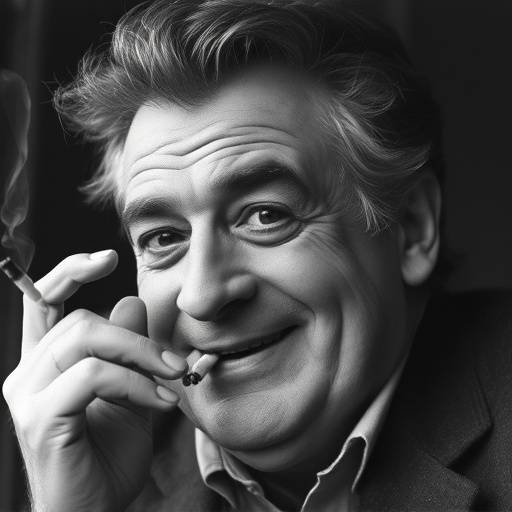 Un ritratto in bianco e nero di Federico Fellini sorridente con un sigaretta.