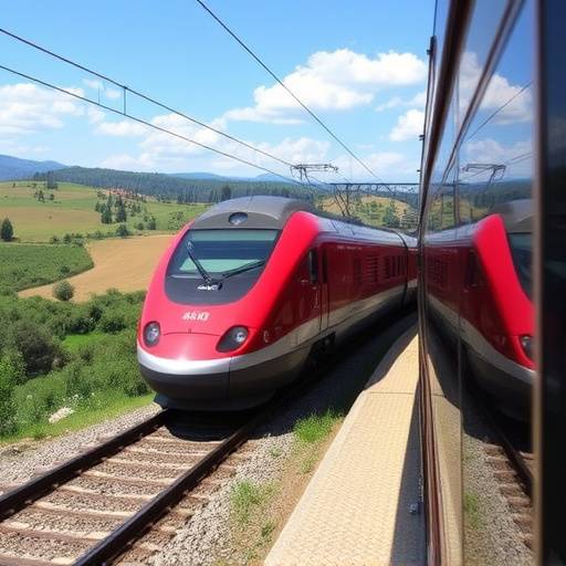 Un treno ad alta velocit&radic;&dagger; Frecciarossa che viaggia attraverso la campagna toscana.